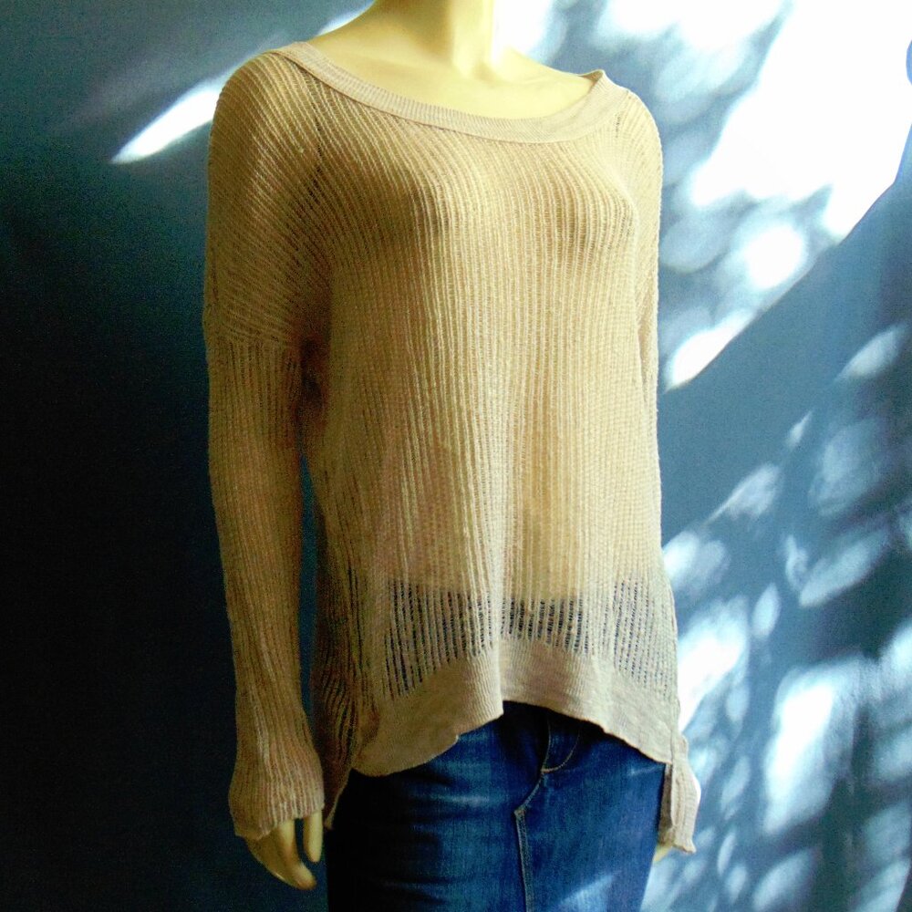 Eileen Fisher Womens Organic Linen Blend High Low Thin Sweater Top Beige Size L